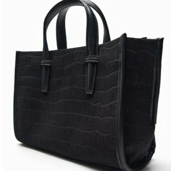 Zara | Black Mock Croc Mini Tote Bag/Faux Leather  and Fabric Satchel - Picture 3 of 15